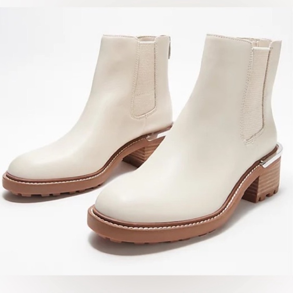 Vince Camuto Cream Leather Chelsea Ankle Boots with Tan Sole